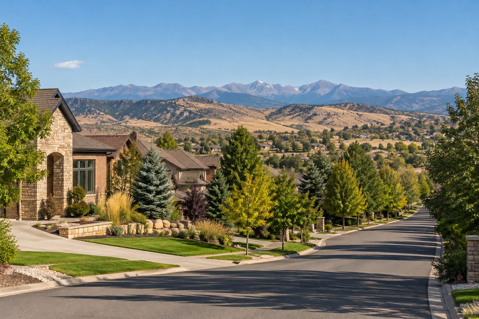 A quiet residential street in Arvada with foothills behind, illustrative