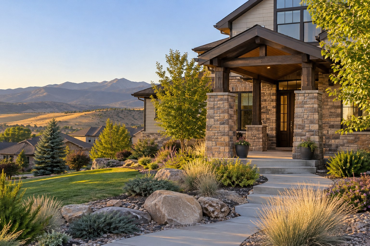 A modern home with mountain landscaping and the Colorado foothills at golden hour, illustrative