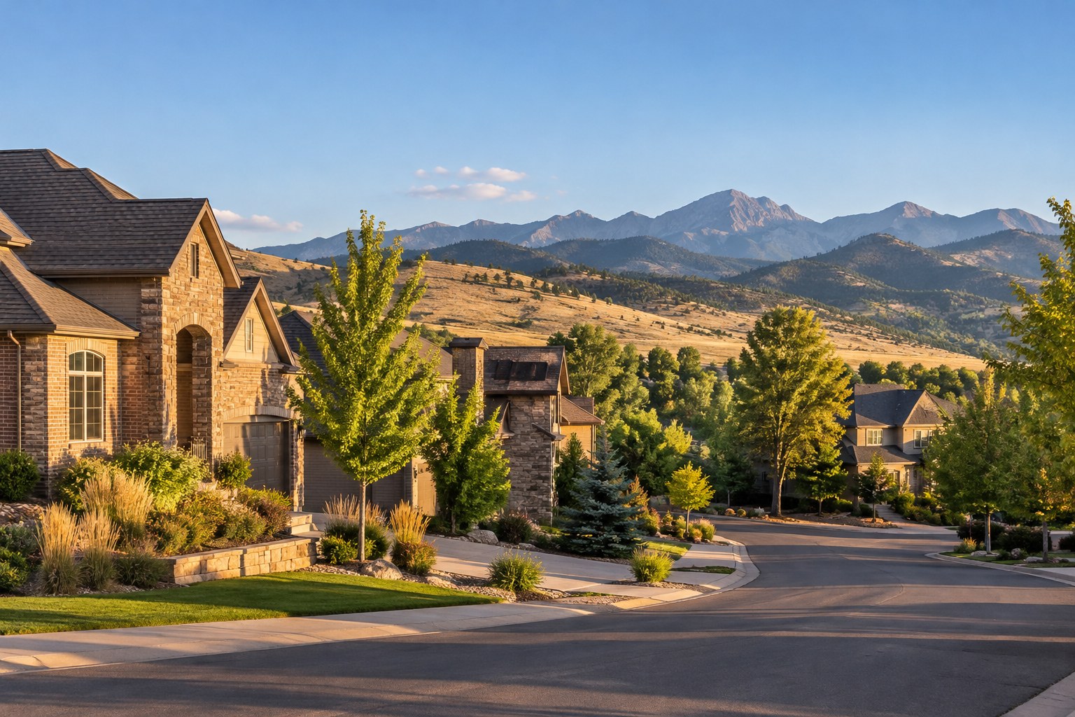 An Arvada style street at golden hour, illustrative