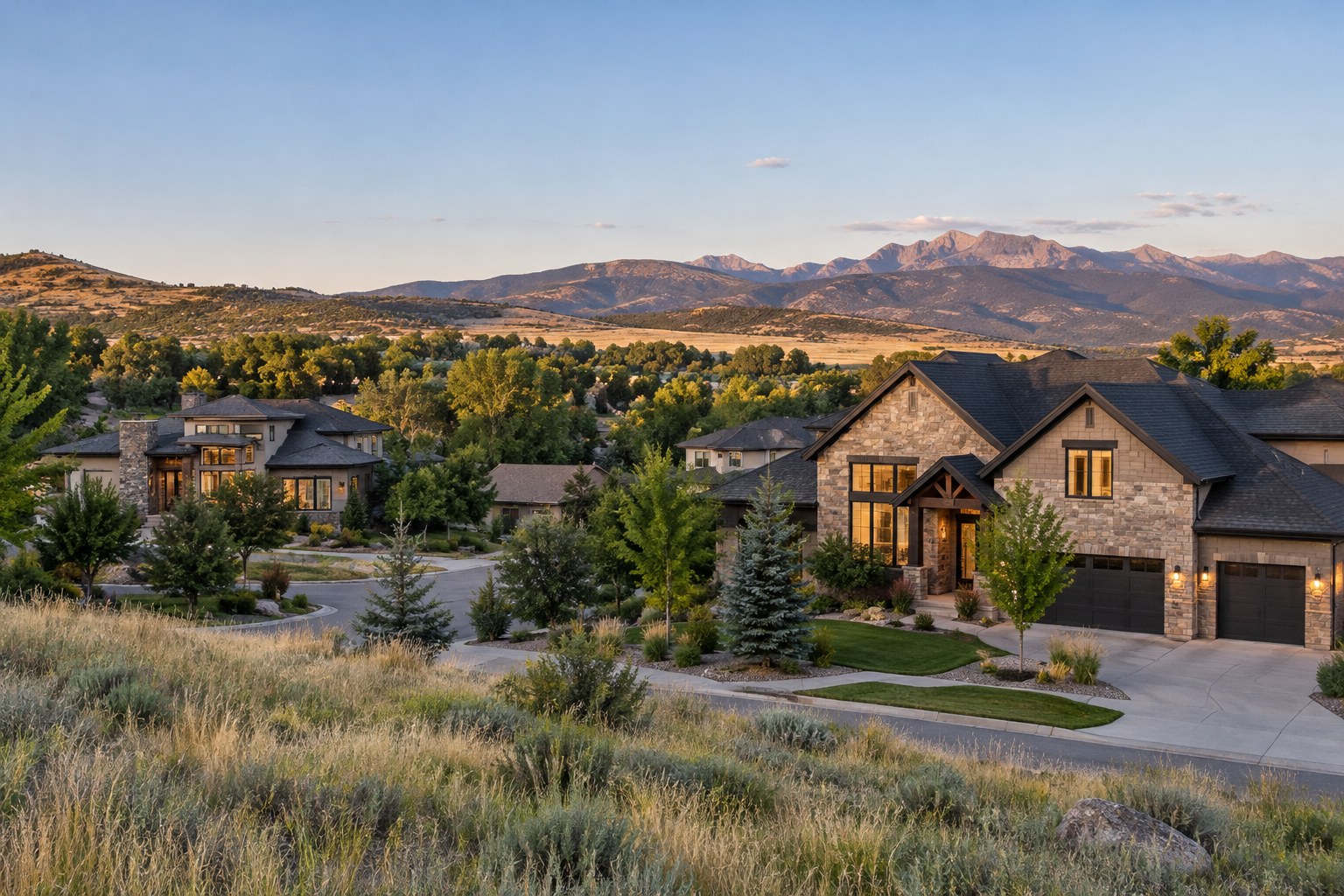 A modern mountain style home at dusk, illustrative
