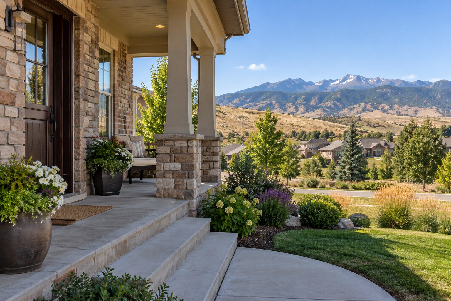 A welcoming front porch of a Colorado home, illustrative